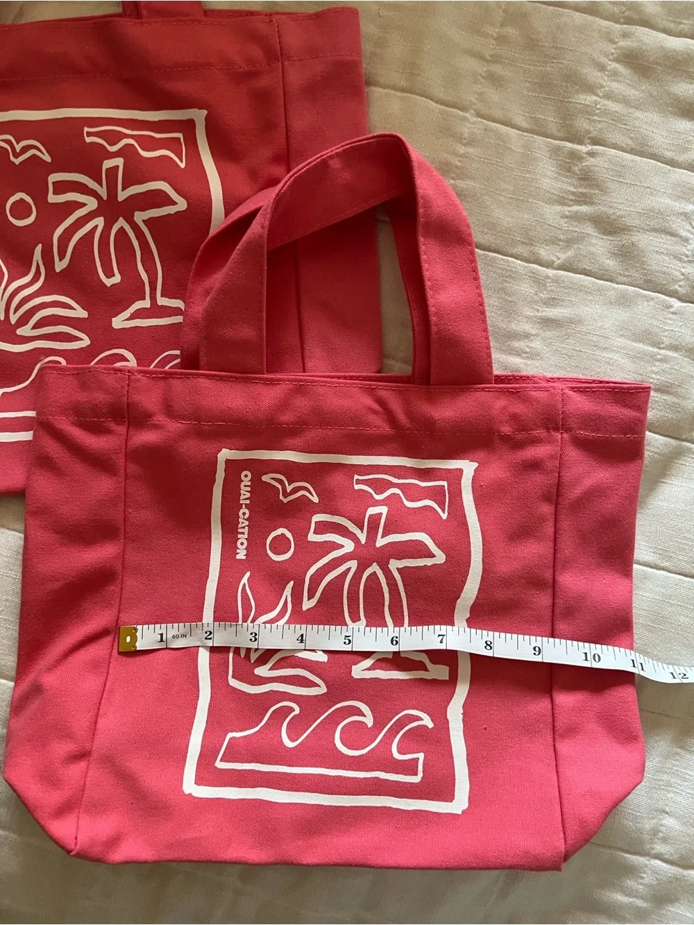 Canvas Tote Bag with Tropical Print - Pink Set of 2